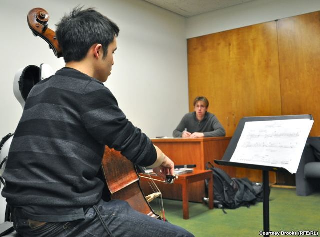 Composer David Fulmer and cellist Jay Campbell rehearse Fulmer's requiem for the victims of the 2011 Zhanaozen massacre in Kazakhstan.
