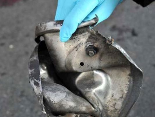 This image shows the remains of a pressure cooker that the FBI says was part of one of the bombs that exploded during the Boston Marathon. The FBI says it has evidence that indicates one of the bombs was contained in a pressure cooker with nails and ball bearings, and it was hidden in a backpack.(Photo: FBI via AP)
