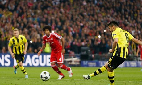 lkay Gundogan equalises for Borussia Dortmund in the Champions League final against Bayern Munich. Photograph: John Sibley/Action Images