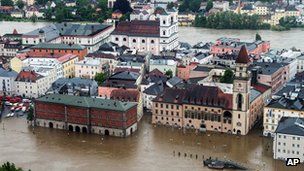 Parts of the old town of Passau in Bavaria are under water