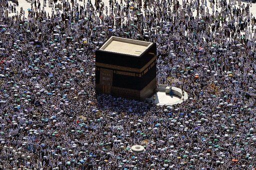 An aerial view shows hajj pilgrims circling the Kaaba at the Grand mosque in Mecca, on October 27, 2012.
