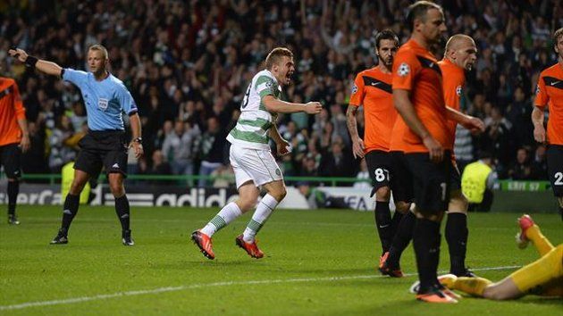 Celtic's James Forrest (2nd L) celebrates his goal against Shakhter Karagandy