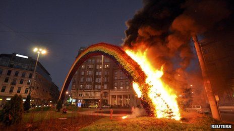 A rainbow art installation was burnt down in the Polish capital