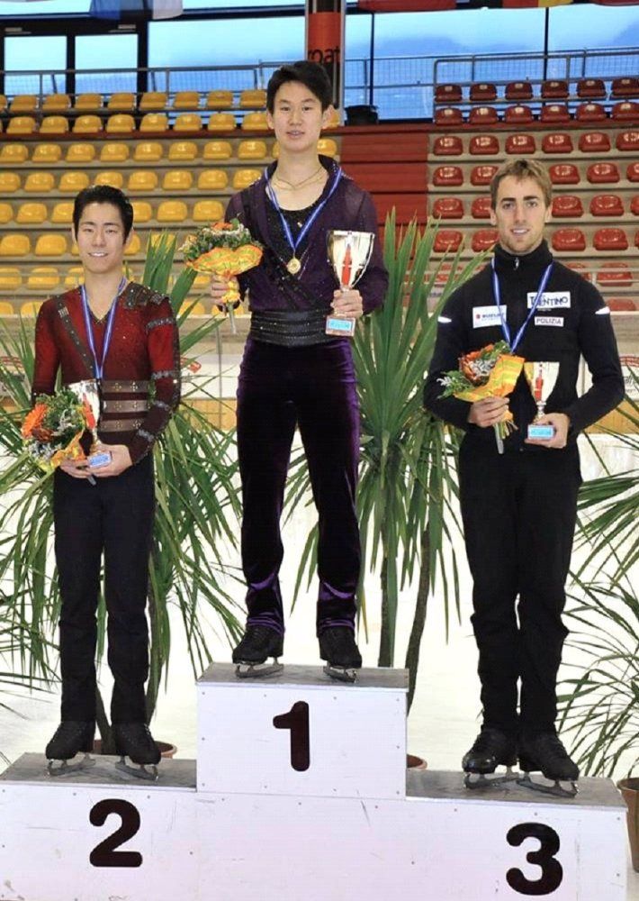 Winners of senior men sectiorn Denis Ten, Daisuke Murakami and Paolo Bacchini. Photo courtesy of press-service of Samruk-Kazyna