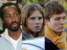 Amanda Knox (centre), Raffaele Sollecito (right), and Rudy Guede (left).