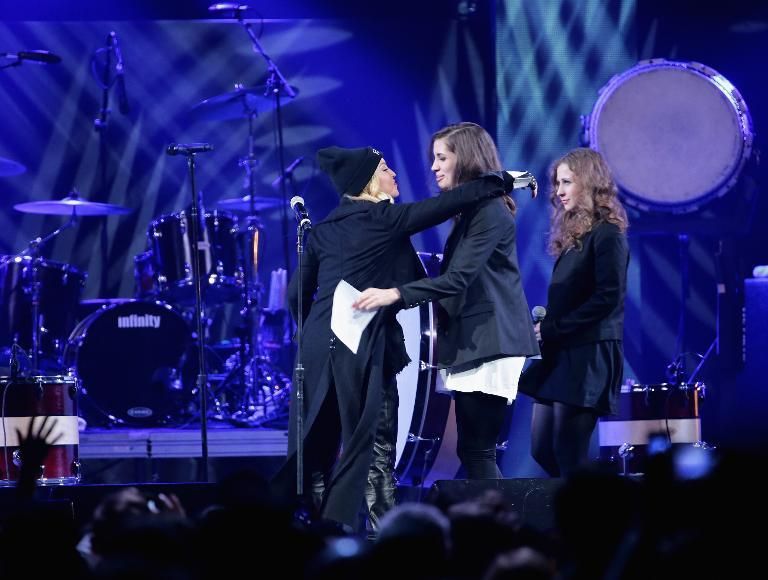  Madonna introduces Nadezhda Tolokonnikova, and Maria Alyokhina of Pussy Riot onstage at the Amnesty International Concert .