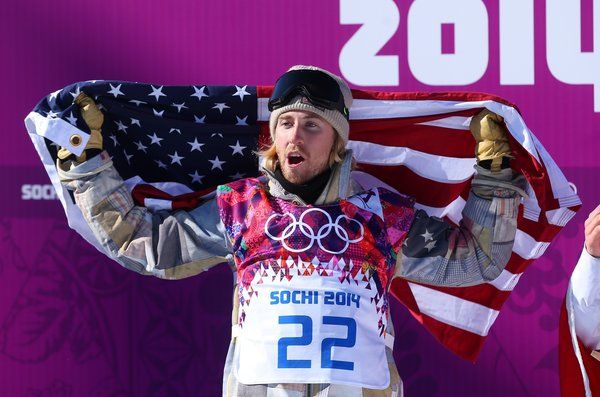 Sage Kotsenburg celebrates after winning the gold medal in the men's snowboard slopestyle on Saturday at Rosa Khutor Extreme Park. (Getty Images / Feb 8, 2014) 