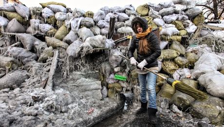 The 'ice barricade' that protesters built from sandbags filled with snow. Photograph: Alex Kuzmin/Demotix/Corbis