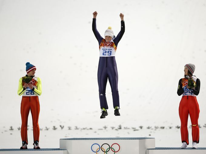 Carina Vogt of Germany is pleased with her jump.Photo:usatoday.