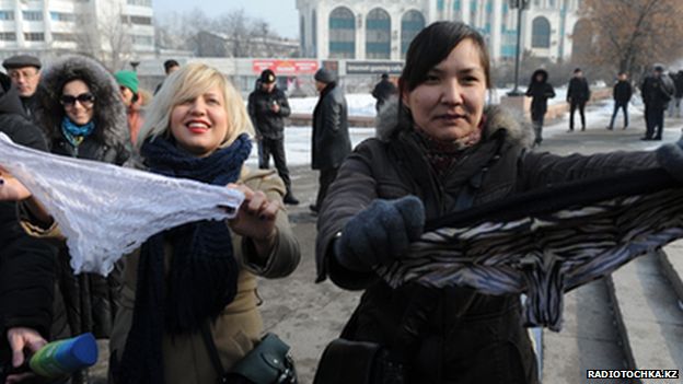 Laced panty protestors in Almaty, 16 Feb. 2014