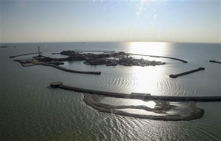 An aerial view shows the artificial islands at the Kashagan offshore oil field in the Caspian sea in western Kazakhstan October 16, 2013.