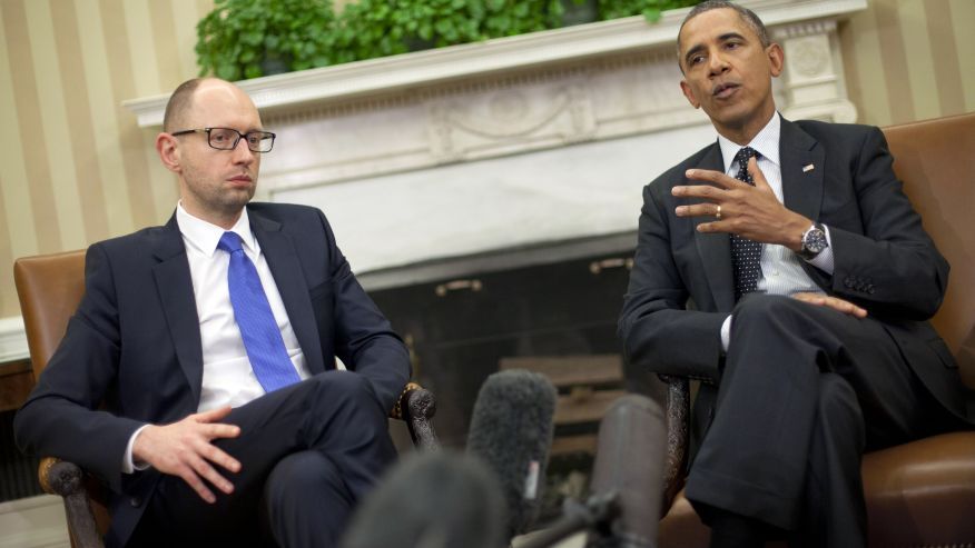 March 12, 2014: President Barack Obama, right, with Ukraine Prime Minister Arseniy Yatsenyuk, left, talk in the Oval Office of the White House in Washington.AP