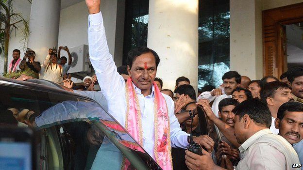 K Chandrasekhar Rao of the Telangana Rashtra Samithi (TRS), which spearheaded the protest for a new state, becomes chief minister for Telangana