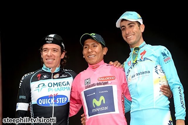The final podium of the 2014 Giro d'Italia: Rigoberto Uran, Nairo Quintana and Fabio Aru.