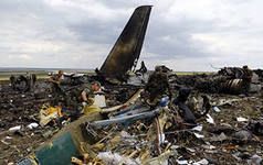 The wreckage of the Ukrainian Il-76 jet brought down at Lugansk.