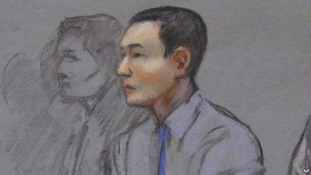 This courtroom sketch shows defendant Azamat Tazhayakov, a college friend of Boston Marathon bombing suspect Dzhokhar Tsarnaev, during a hearing in federal court, May 13, 2014, in Boston.