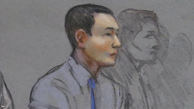 In this file courtroom sketch, defendant Azamat Tazhayakov, a college friend of Boston Marathon bombing suspect Dzhokhar Tsarnaev, sat during a hearing in federal court in Boston.