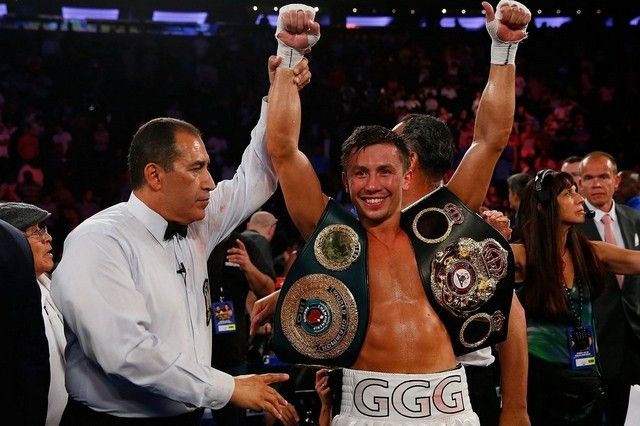 Kazakh boxer G. Golovkin celebrates after his win over Daniel Geale on Sat in NYC.
