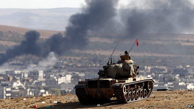 Turkey has tanks deployed along its border within sight of the fighting inside Kobane