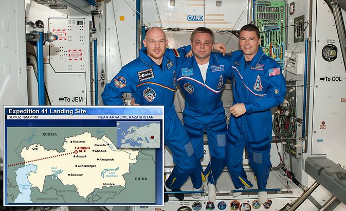 European Space Agency astronaut Alexander Gerst (left), Russian cosmonaut Maxim Suraev (center) and NASA astronaut Reid Wiseman pose for a portrait in the Harmony node of the International Space Station. The three crew members of Expedition 41 returned to Earth at 10:58 p.m. EDT Sunday, Nov. 9. Image Credit: NASA