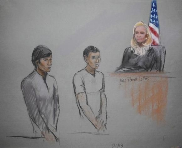 Defendants Dias Kadyrbayev (L) and Azamat Tazhayakov are pictured in a courtroom sketch.