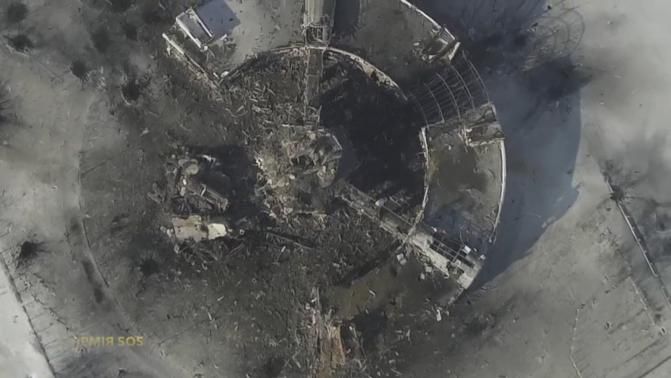 An aerial footage shot by a drone shows a multi-storey control tower of the Sergey Prokofiev International Airport damaged by shelling during fighting between pro-Russian separatists and Ukrainian soldiers.