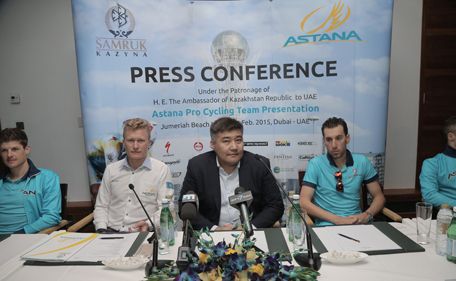 His Excellency Khairat Lama (centre), Ambassador of Kazakhstan, at a press conference in Dubai on Sunday. (Supplied)