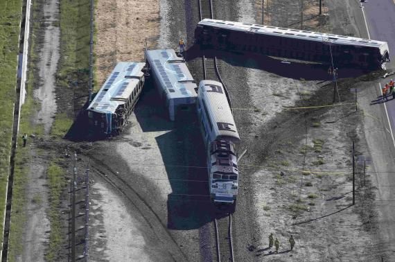 An aerial view shows the scene of a double-decker Metrolink train derailment in Oxnard, California February 24, 2015.