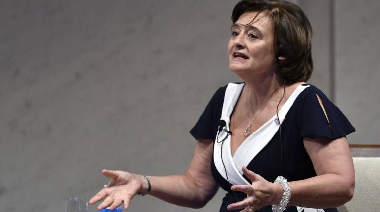 Cherie Blair, wife of former British Prime Minister Tony Blair, gestures as she paticipates to a dialogue for the World Assembly for Women (WAW! Tokyo 2014.