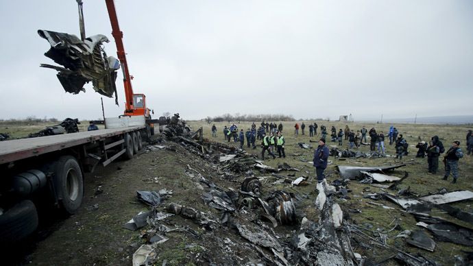 A crane carries wreckage of the Malaysia Airlines Boeing 777 plane (flight MH17) at the site of the plane crash near the settlement of Grabovo in the Donetsk region November 16, 2014. (Reuters)