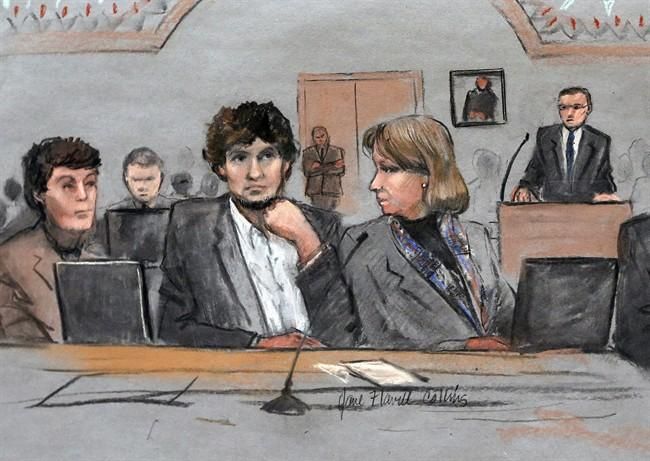 In this March 5, 2015 file courtroom sketch, Dzhokhar Tsarnaev, center, is depicted between defense attorneys Miriam Conrad, left, and Judy Clarke, right, during his federal death penalty trial in Boston (Ap photo).