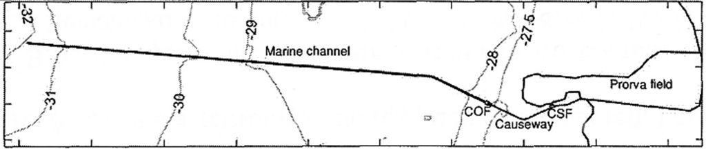 Рисунок 1.1. Обзор проектируемого объекта (изолиниями показан уровень морского дна в м)