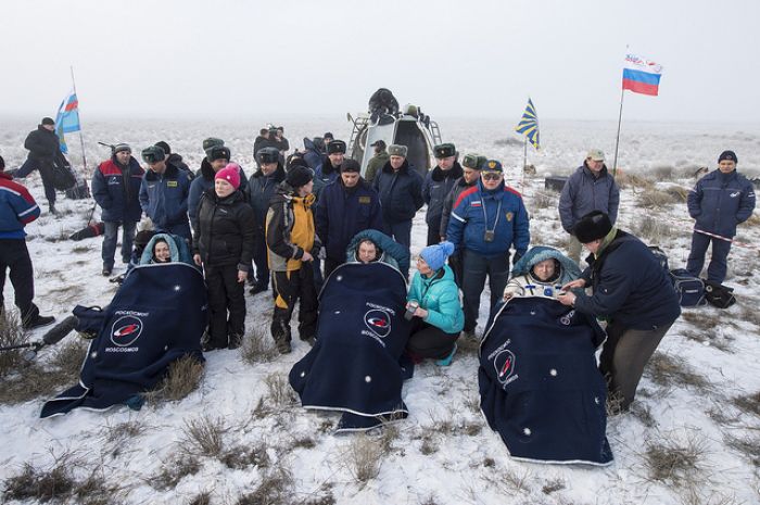 Soyuz landing craft touches down in wintry Kazakhstan