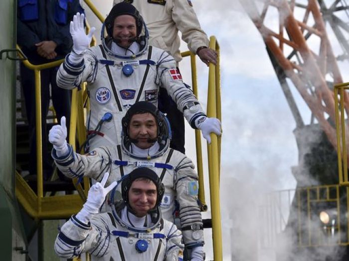 Soyuz carrying crew with a Kazakh blasts off for International Space Station