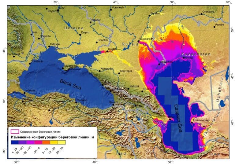 Площадь Каспийского моря при разном уровне воды в нем. Желтым цветом показаны границы распространения Хвалынской трансгрессии моря