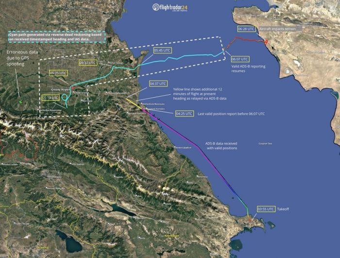 Flightradar24 восстановил детальный маршрут упавшего в Актау самолёта