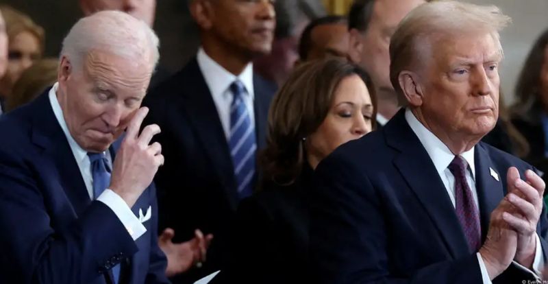 Дональд Трамп, Джо Байден и Камала Харрис на церемонии инаугурации Трампа в Вашингтоне, 20 января 2025 года/Фото: Evelyn Hockstein/REUTERS