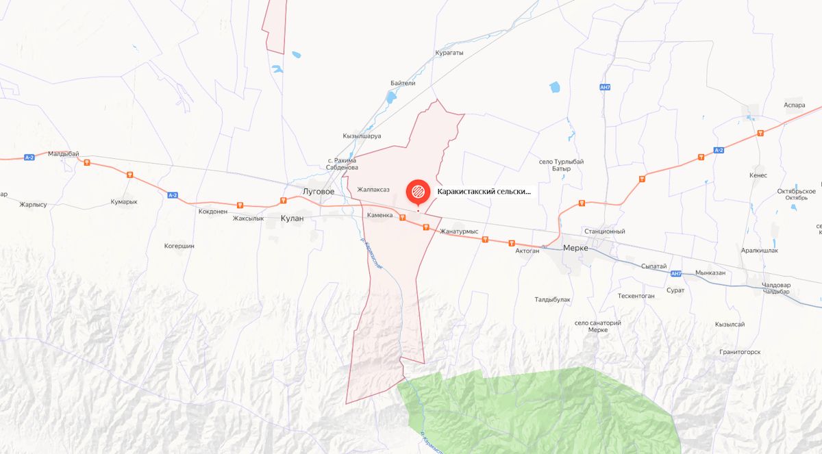 примерное расположение эпицентра землетрясения в Жамбылской области 8 июля, скриншот Яндекс.Карт