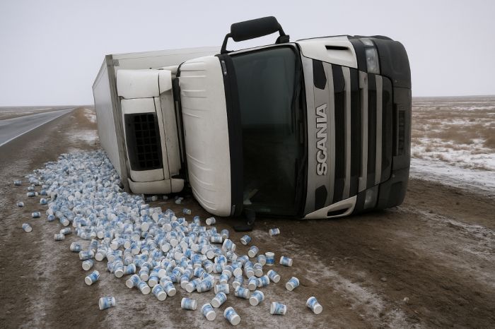«Берите, пока свежее»: водитель перевернувшегося грузовика в Мангистау раздал йогурты местным жителям