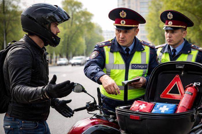 Видео из Алматы возмутило соцсети: у мотоциклиста потребовали аптечку, огнетушитель и аварийный знак
