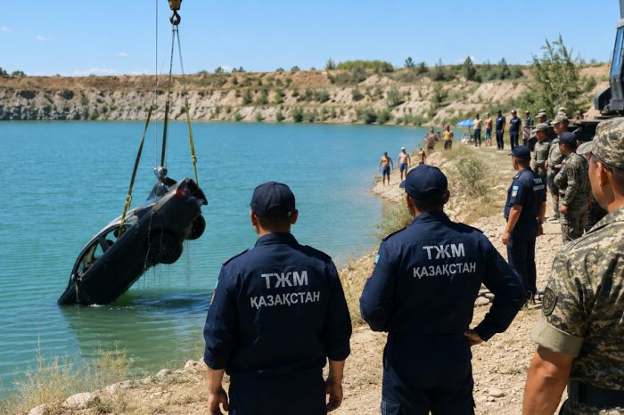 Машина с двумя детьми ушла под воду в затопленном карьере под Астаной