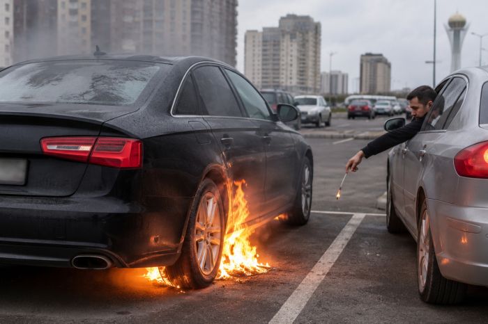 Автомобиль с ГБО загорелся от выброшенной спички на парковке столицы