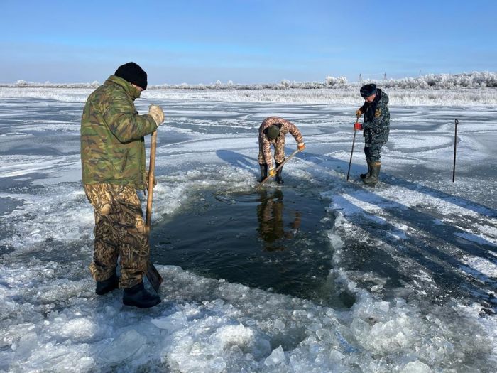 Рыбинспекторы рубят лунки и майны